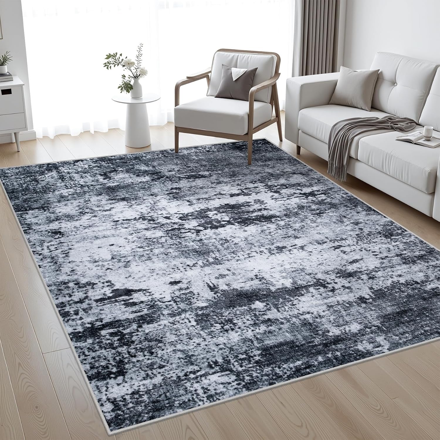 5x7 Modern Geometric Pattern Area Rug, Washable Soft Thin No-Slip Stain-Resistant Indoor Carpet for Living Room, Bedroom - Black