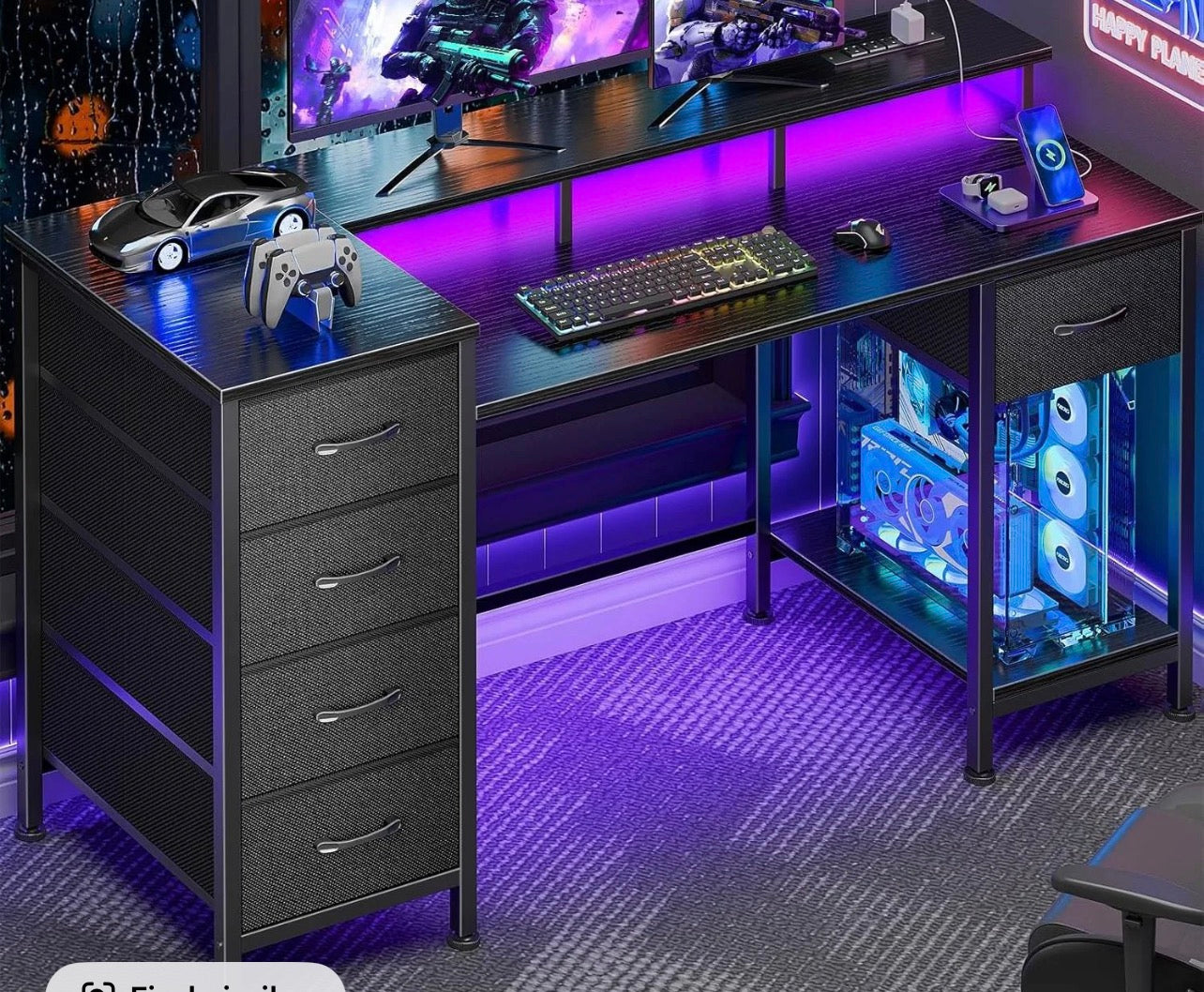 Korfile 47 Inch Gaming Desk with Power Outlets and LED Lights, Reversible Computer Desk with 5 Fabric Storage Drawers, Home Office Desk with Monitor Stand for Working Writing Study, Black